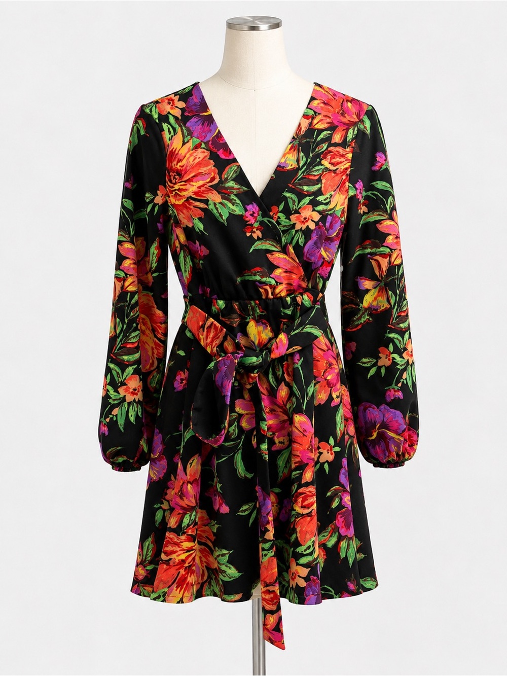 Black Floral Wrap Mini Dress with Tie Waist